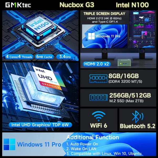 GMKtec G3 Mini PC Intel Alder Lake N100 Windows 11 Pro Mini PC 8/16GB DDR4 256/512GB PCIe M.2 SSD WiFi 6 BT5.2 Desktop Computer - Image 2